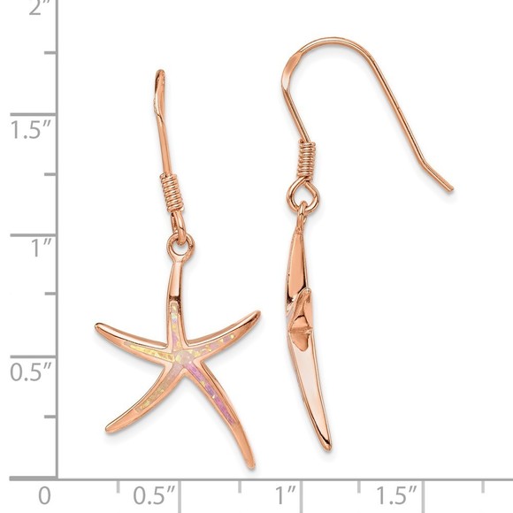 Sterling Silver Rose-tone Created Opal Inlay Star Fish Dangle Earrings - Picture 2 of 4